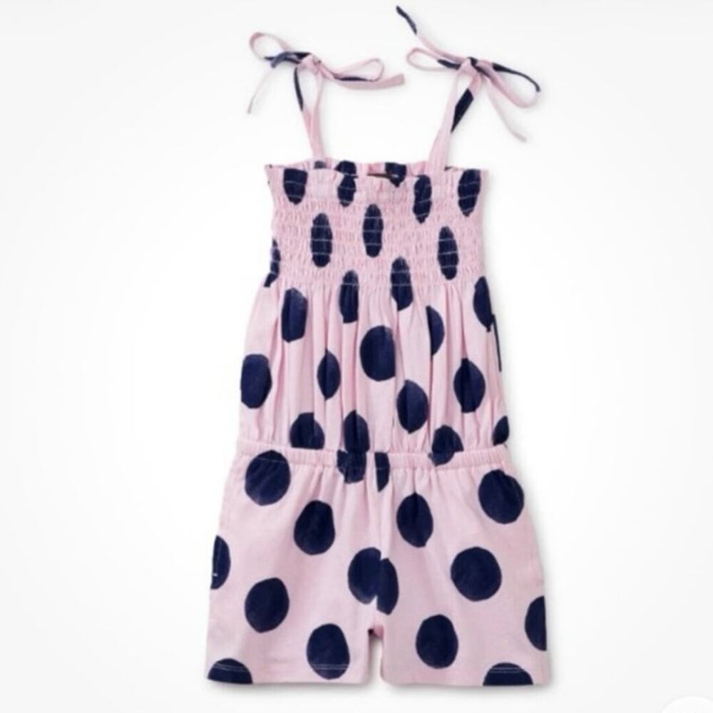 Tea Collection Girls Tie Shoulder Smocked Romper Pink Purple Cotton Polka Dot 12
